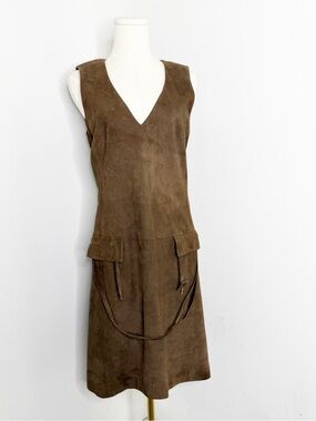 Richard Tyler Brown Suede Dress Sleeveless V-Neck Leather Mini Size 42 US 10